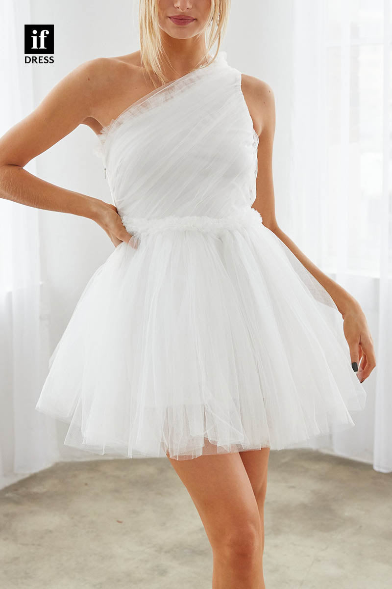 F1298 - Chic One Shoulder with Gloves A-Line Short Party Homecoming Graduation Dress
