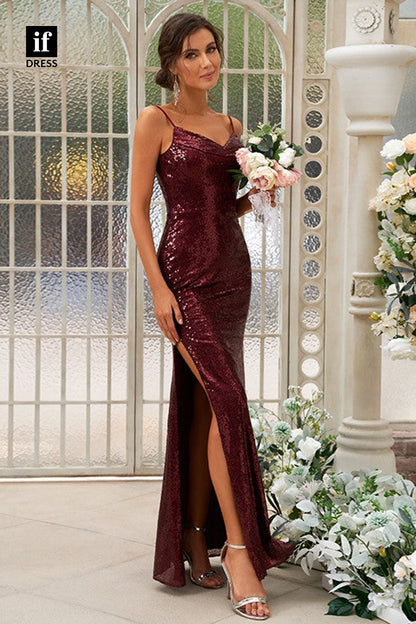 B5065 - Spaghetti Straps V-Neck Sequined Long Bridesmaid Dress With Slit