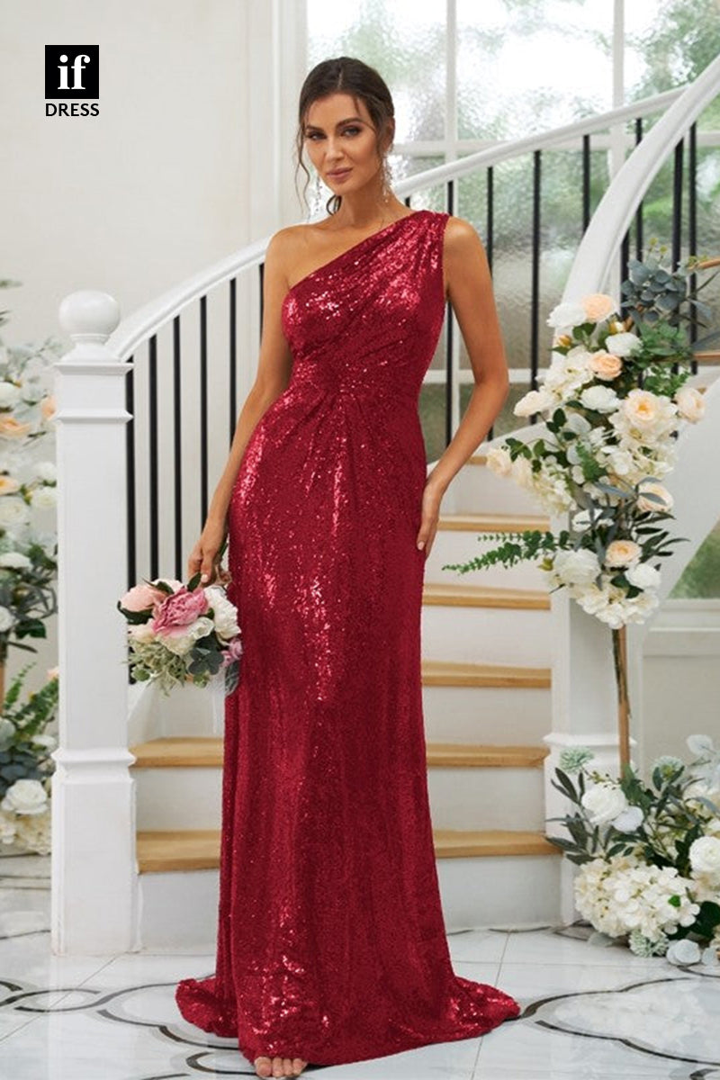 B5062 - Charming One Shoulder Ruched Sequined Long Bridesmaid Dress