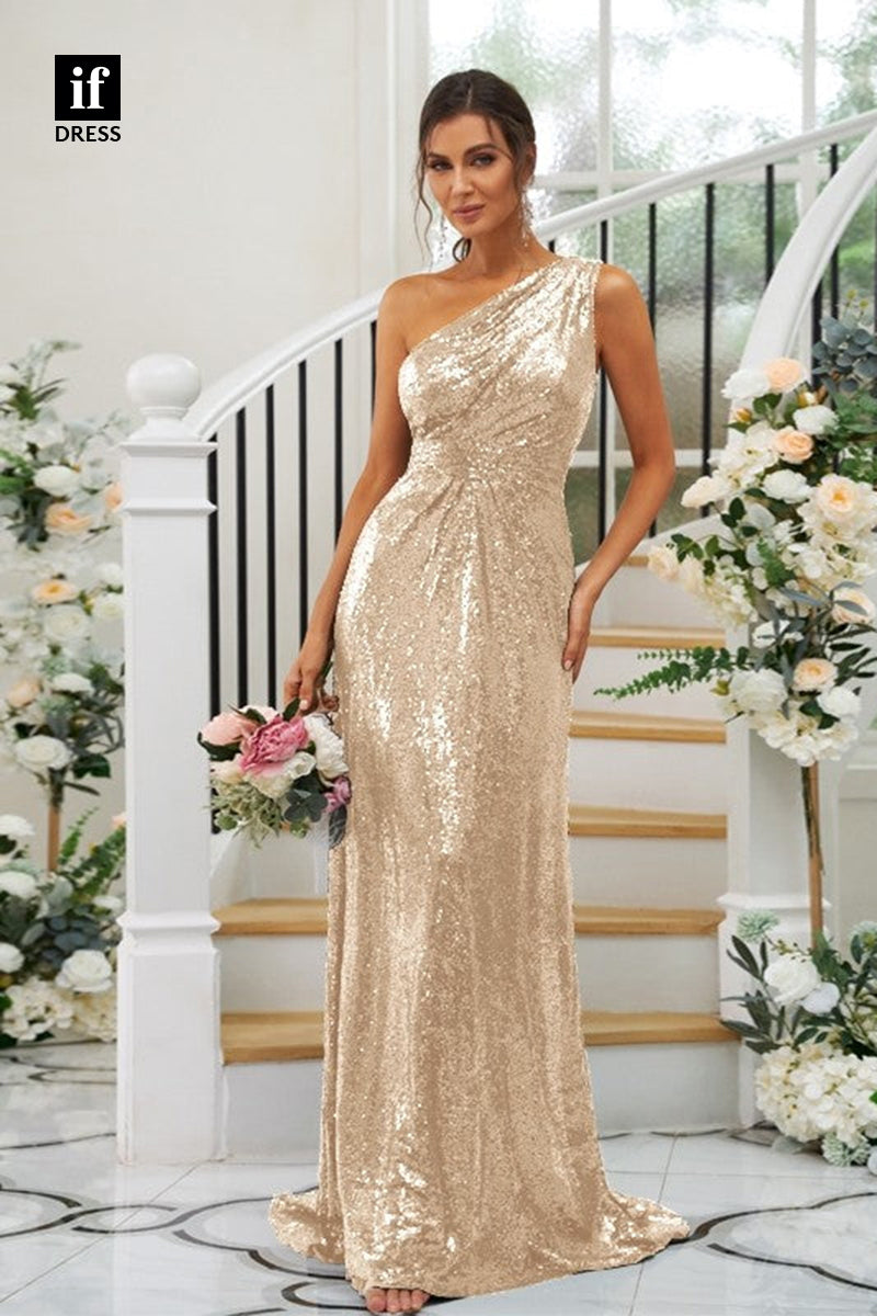 B5062 - Charming One Shoulder Ruched Sequined Long Bridesmaid Dress