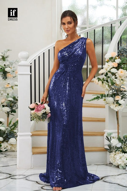 B5062 - Charming One Shoulder Ruched Sequined Long Bridesmaid Dress