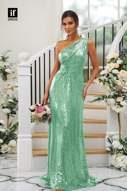 B5062 - Charming One Shoulder Ruched Sequined Long Bridesmaid Dress