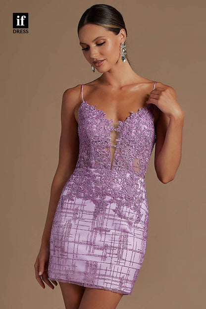 F1354 - Elegant Illusion V-Neck Appliques Tight Homecoming Graduation Dress