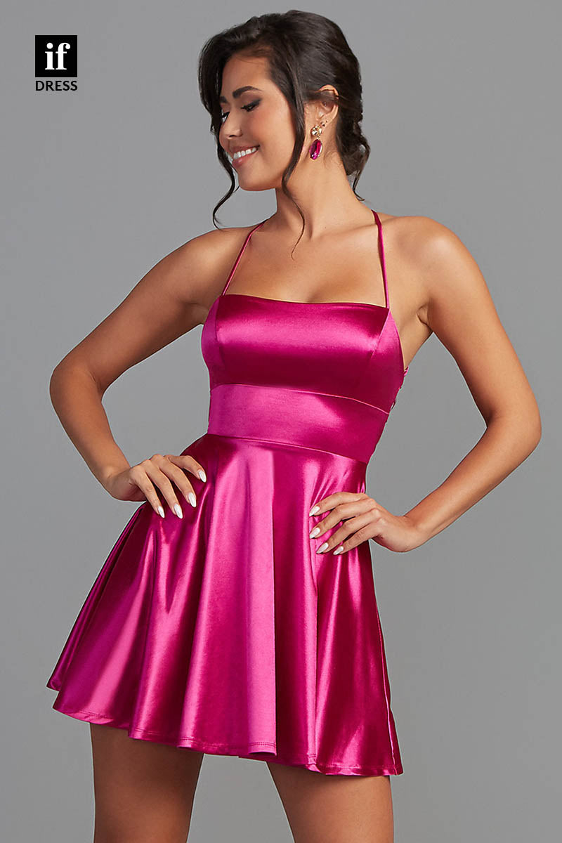F1352 - Chic A-Line Scoop Ruched Satin Mini Party Homecoming Graduation Dress