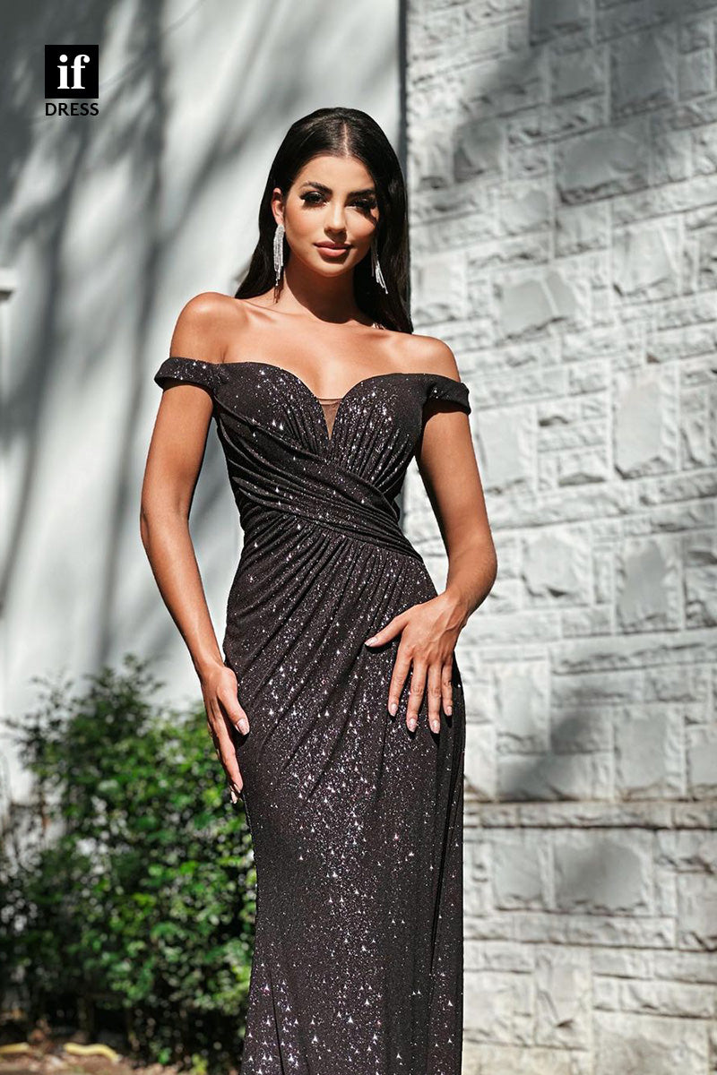 34427 - Attractive Strapless Cap Sleeves Pleats Sequined Prom Evening Dress