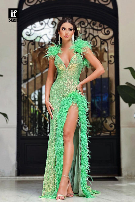 34418 - Luxurious V-Neck Straps Feathers Slit Prom Evening Formal Dress