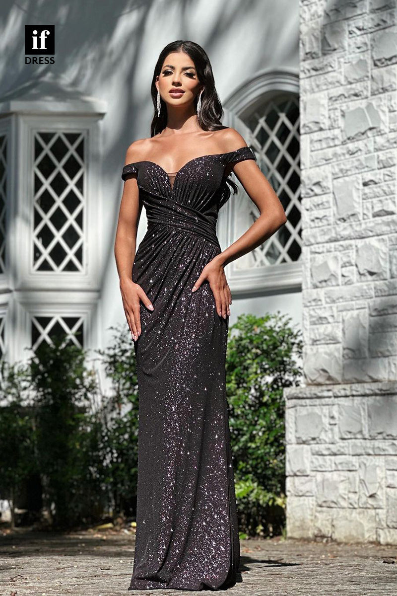 34427 - Attractive Strapless Cap Sleeves Pleats Sequined Prom Evening Dress