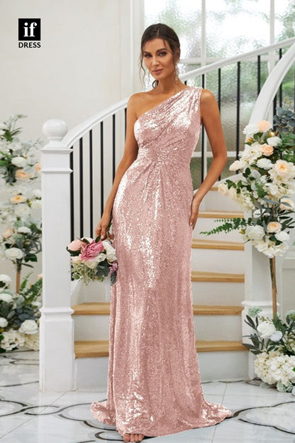 B5062 - Charming One Shoulder Ruched Sequined Long Bridesmaid Dress