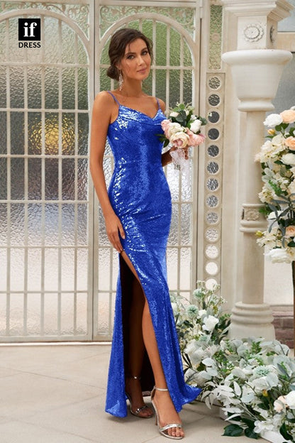 B5065 - Spaghetti Straps V-Neck Sequined Long Bridesmaid Dress With Slit