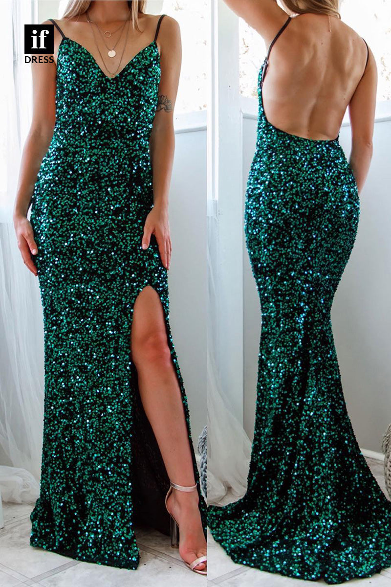 34442 - Sparkly Spaghetti Straps V-Neck Sequined Prom Evening Formal Dress