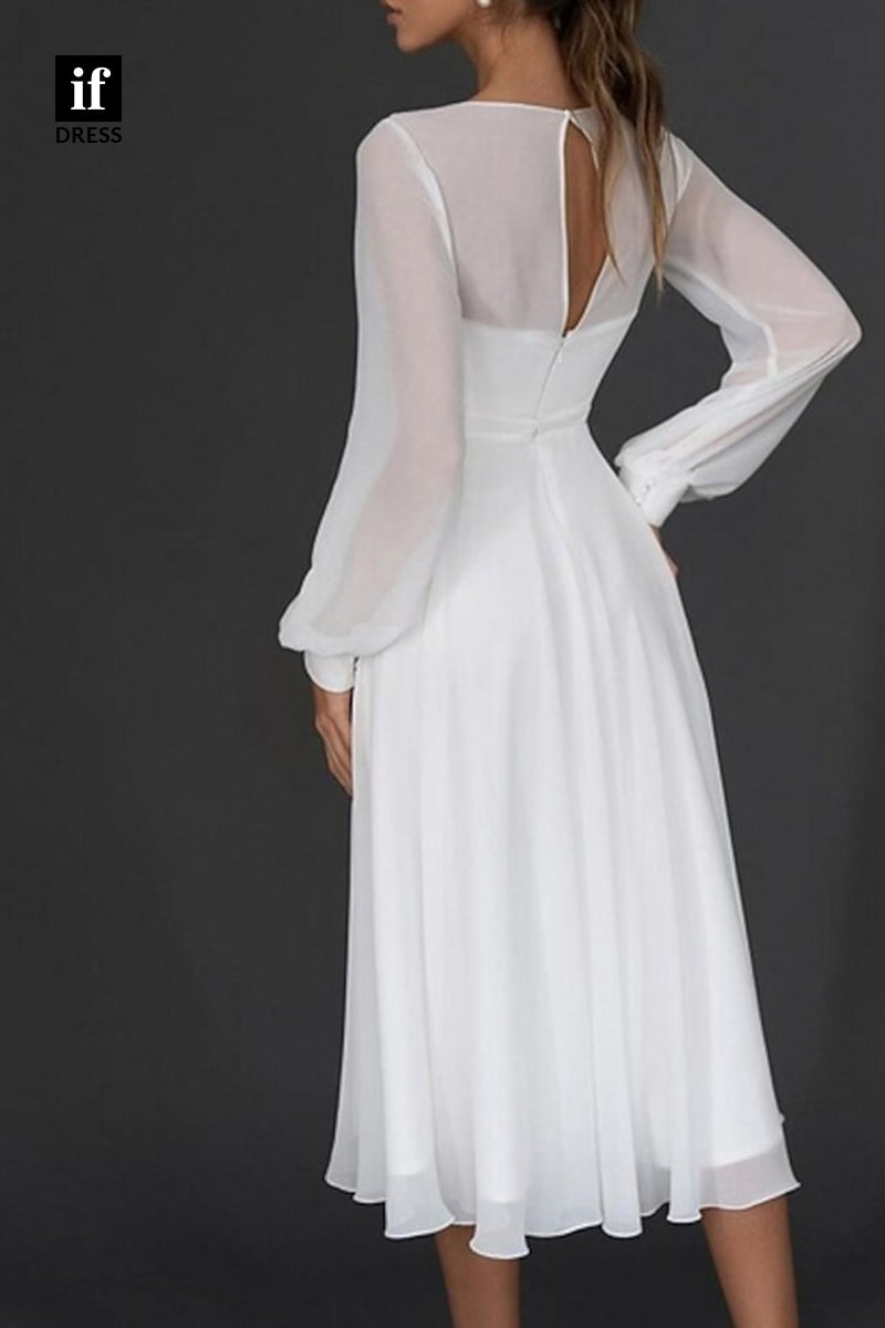 71099 - Simple A-LIne Ruched V-Neck Long Slkeeves Chiffon Wedding Dress