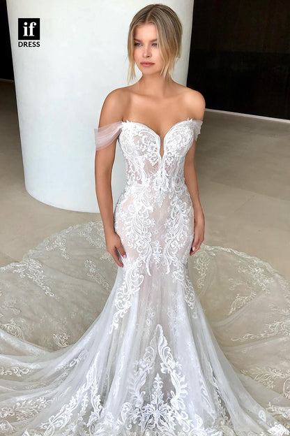 31578 - Glamorous Off-Shoulder Cap Sleeves Lace Appliques Wedding Dress