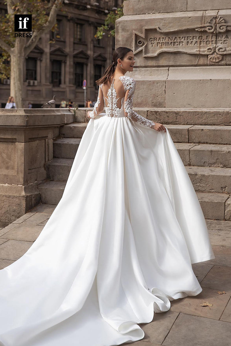 31569 - Distinctive A-Line Long Sleeves Satin Ruched Appliques Boho Wedding Dress