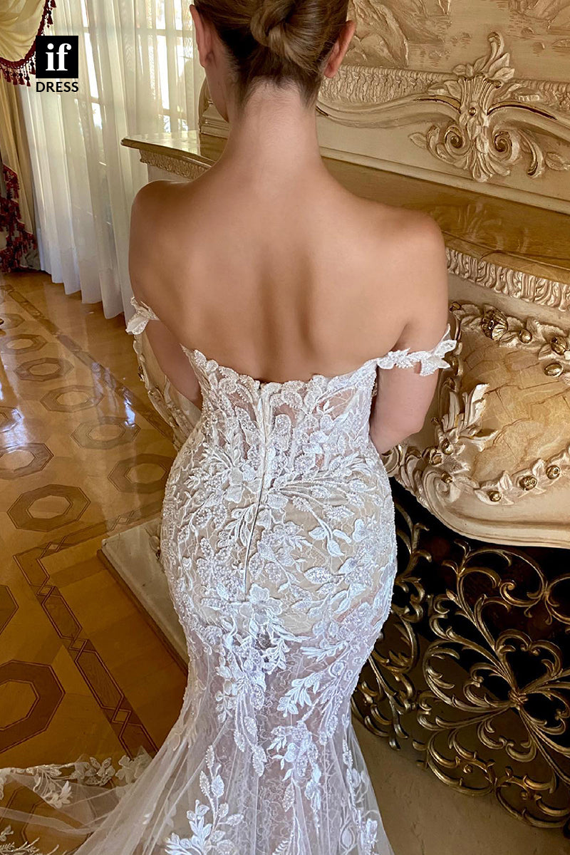 31577 - Luxurious V-Neck Off-Shoulder Lace Appliques Mermaid Wedding Dress