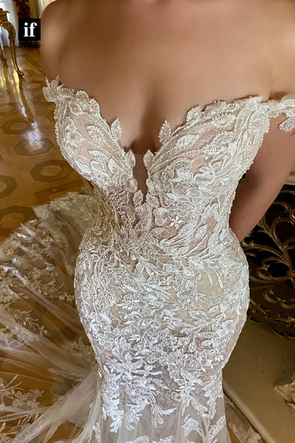 31577 - Luxurious V-Neck Off-Shoulder Lace Appliques Mermaid Wedding Dress