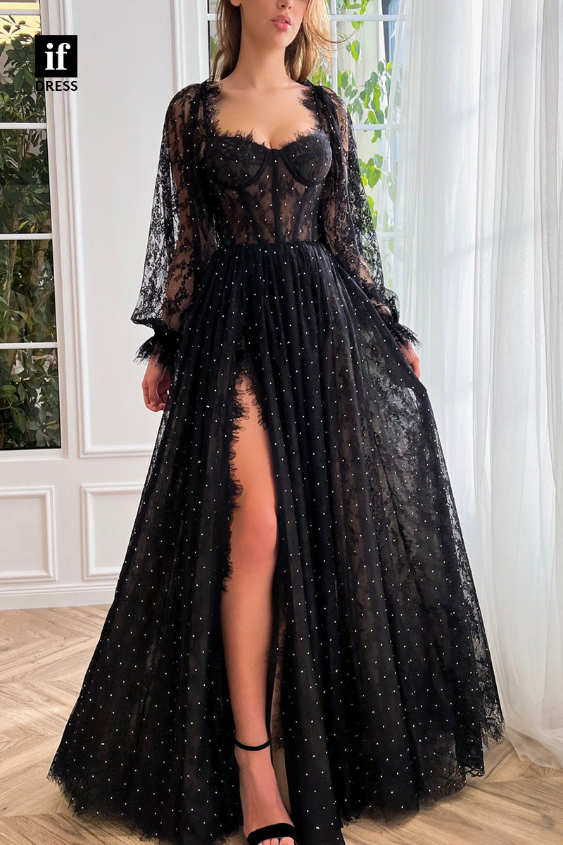 34007 - Romantic Long Sleeves Sweetheart Rhinestone Tulle Prom Formal Dress