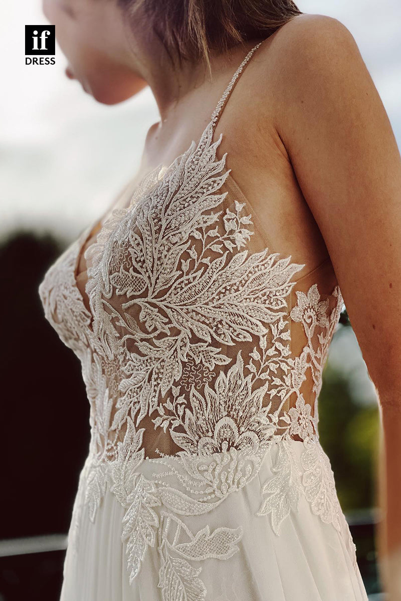 31672 - Plunging V-Neck Lace Appliques Bohemian Wedding Dress
