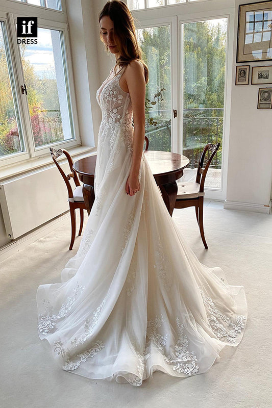 31673 - Attractive V-Neck Lace Appliques Bohemian Wedding Dress