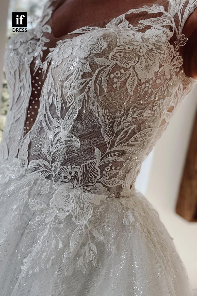 31675 - Illusion Neckline Lace Appliques A Line Rustic Wedding Dress