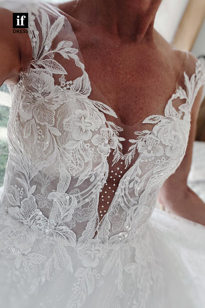 31675 - Illusion Neckline Lace Appliques A Line Rustic Wedding Dress