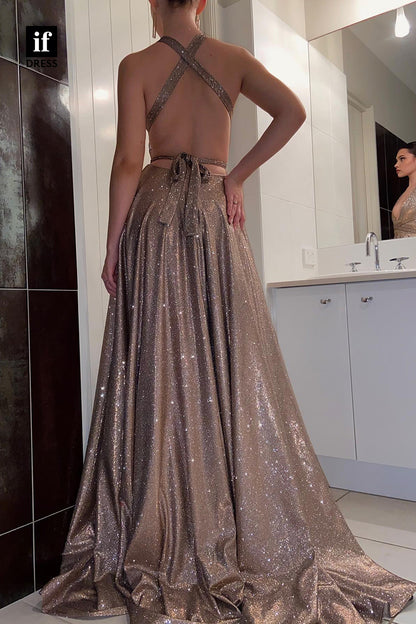 33995 - Honorable Halter Plunging V-Neck Sleeveless Sequined Prom Formal Gown