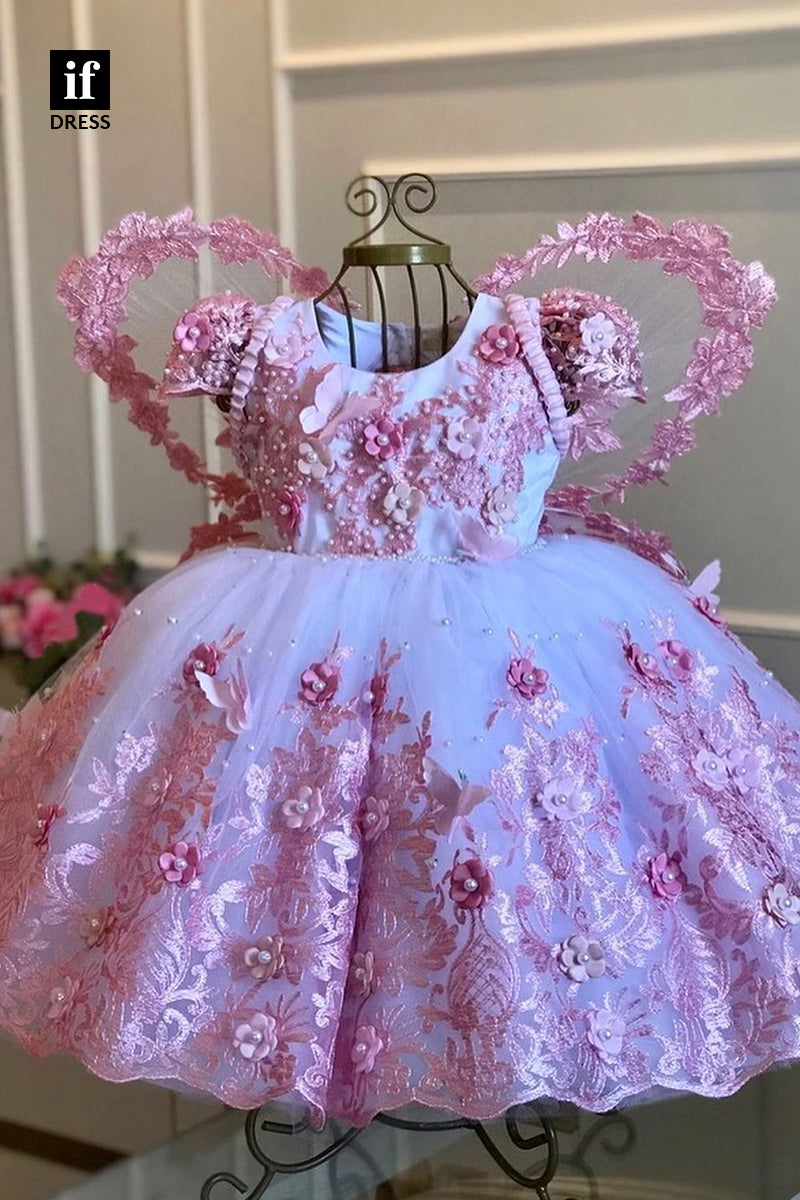 30303 -Uniuqe 3D Lace Appliques Cute Flower Girl Dresses Short Sleeves Birthday Dresses