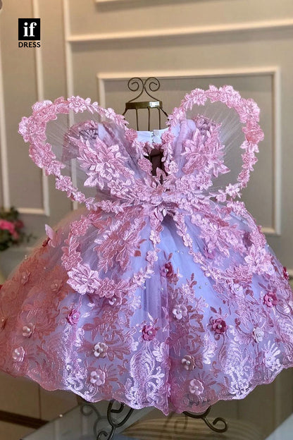 30303 -Uniuqe 3D Lace Appliques Cute Flower Girl Dresses Short Sleeves Birthday Dresses