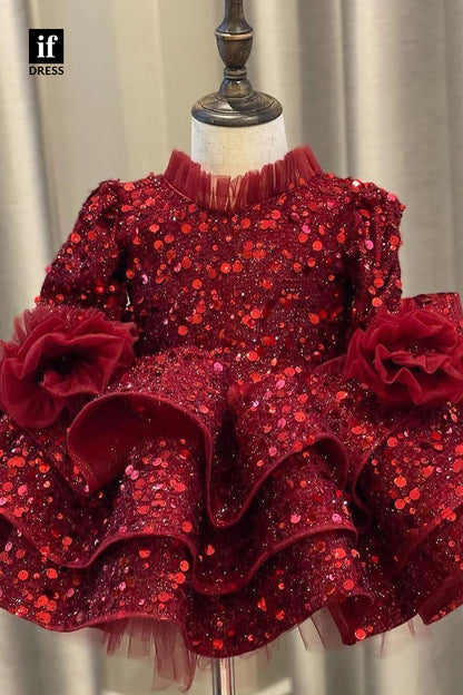30307 - Ball Gown High Neckline Burgundy Flower Girls Dresses Cute First Communion Dress