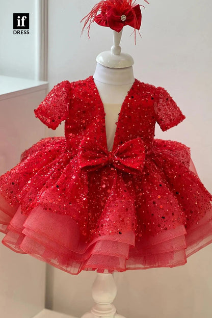 30309 - Attractive V-Neck Cute Bow Flower Girls Dresses Ball Gown Communion Dress