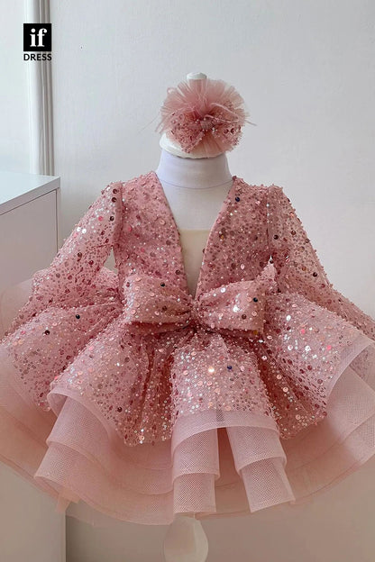 30309 - Attractive V-Neck Cute Bow Flower Girls Dresses Ball Gown Communion Dress