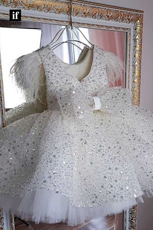 30310 - Ball Gown Short Sleeves Cute Flower Girls Dress Chic Feather First Communion Dress