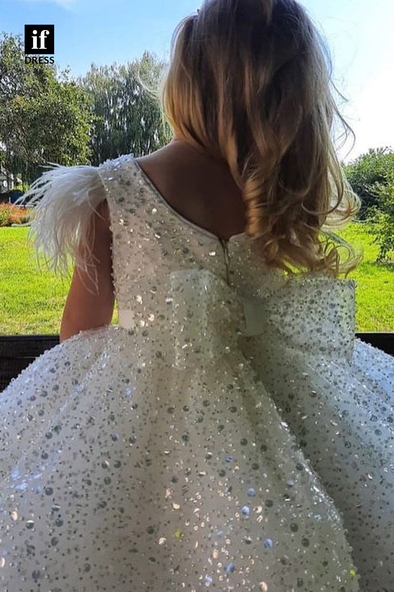 30310 - Ball Gown Short Sleeves Cute Flower Girls Dress Chic Feather First Communion Dress