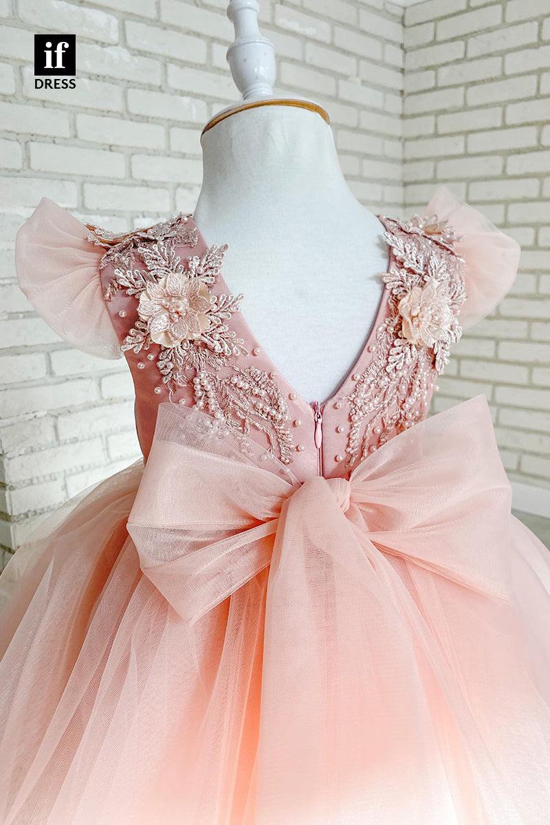 30314 - A-line  Lace Appliques Pink Flower Girls Dress Cute First Communion Dress
