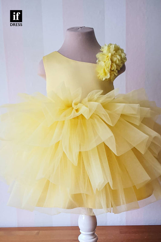 30318 - Unique One Shoulder Ruffles Yellow Cute Flower Girls Dress First Communion Dress
