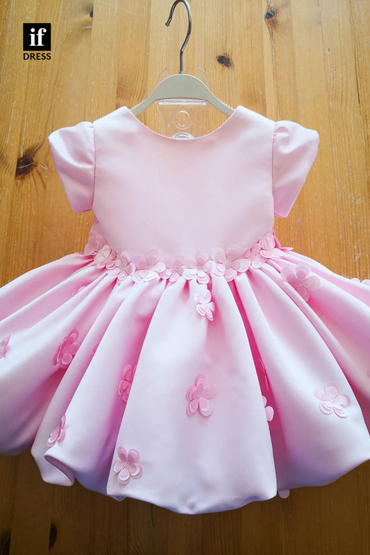 30327 - A-line Appliques Short Sleeves Pink Flower Girls Dress First Communion Dress