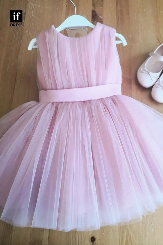 30328 - A-line Pleats Tulle Cute Flower Girls Dress Pink First Communion Dress