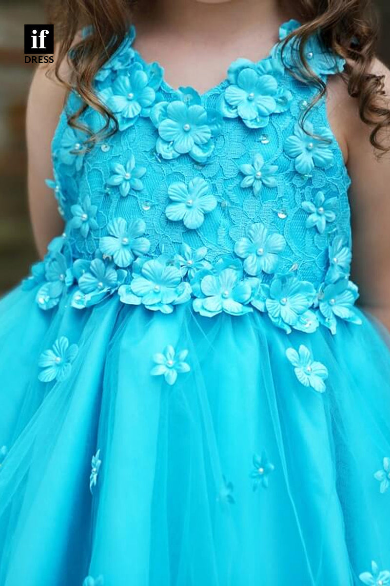30350 - Blue 3D Appliques High Low Toddles Dress Flower Girl Dress