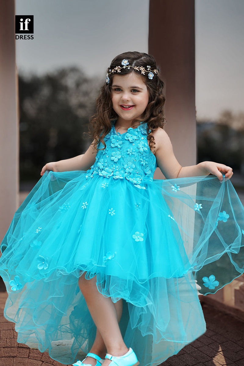 30350 - Blue 3D Appliques High Low Toddles Dress Flower Girl Dress