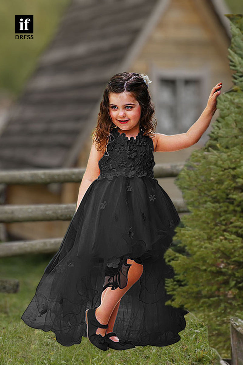 30350 - Blue 3D Appliques High Low Toddles Dress Flower Girl Dress