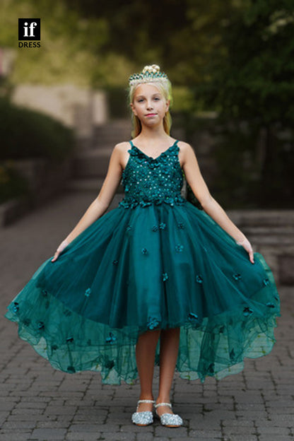 30351 - Green 3D Appliques High Low Flower Girl Dress Toddle Dress
