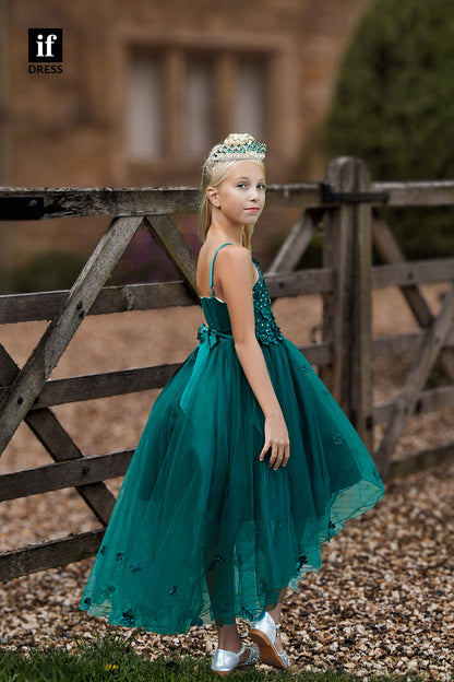 30351 - Green 3D Appliques High Low Flower Girl Dress Toddle Dress