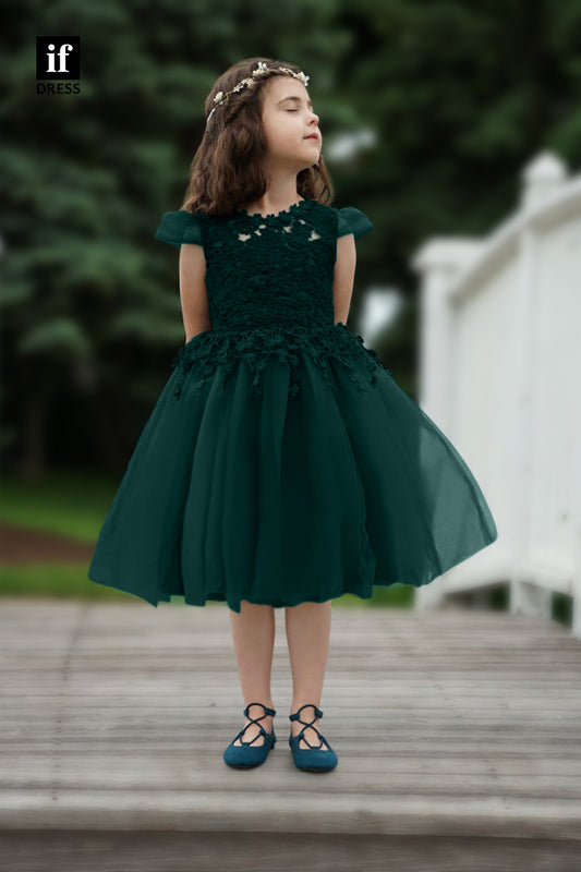 30352 - A Line Cap Sleeves Lace Green Toddle Dress Flower Girl Dress