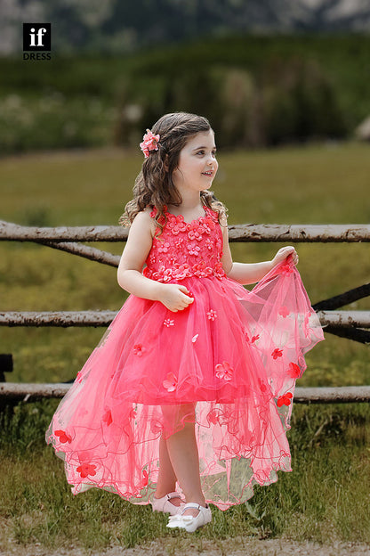 30353 - Red Toddle Dress 3D Appliques High Low Flower Girl Dress