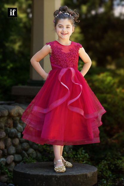 30354 - Ball Gown Flower Girl Dress Appliques Burgundy Toddle Dress