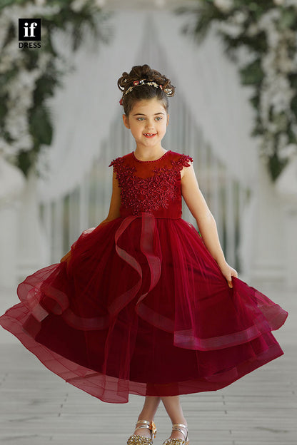 30354 - Ball Gown Flower Girl Dress Appliques Burgundy Toddle Dress