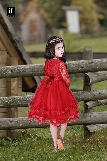 30360 - 3/4 Sleeves Red Flower Girl Dress A Line Lace Cute Toddle Dress