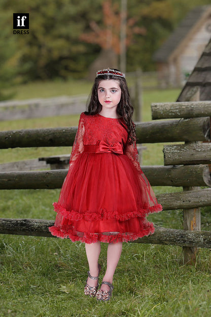 30360 - 3/4 Sleeves Red Flower Girl Dress A Line Lace Cute Toddle Dress