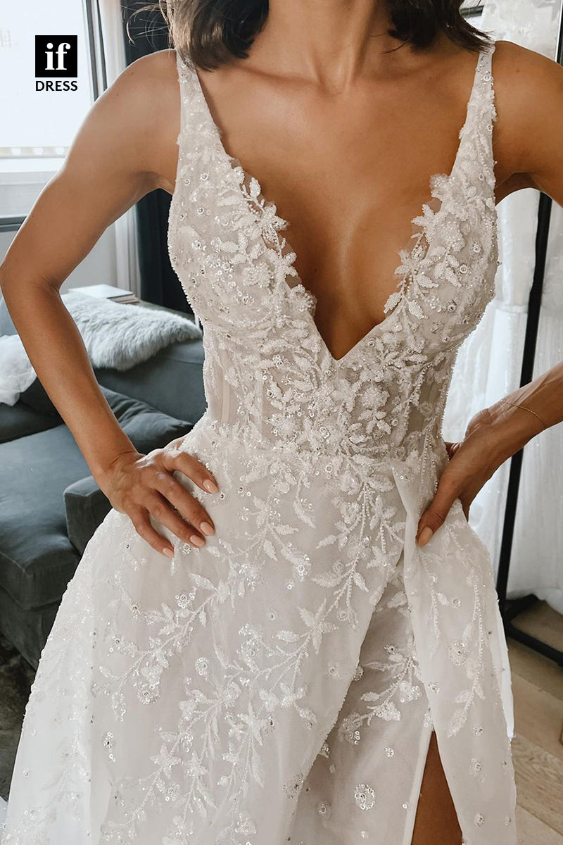 30546 - Classic A-Line V-Neck Lace Appliques  Boho Wedding Dress