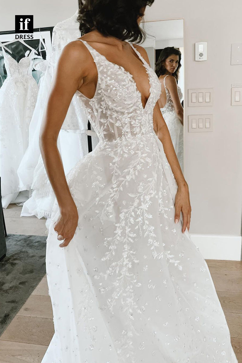 30546 - Classic A-Line V-Neck Lace Appliques  Boho Wedding Dress