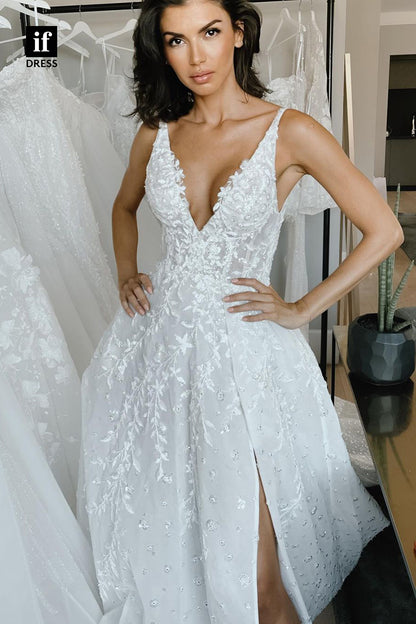30546 - Classic A-Line V-Neck Lace Appliques  Boho Wedding Dress